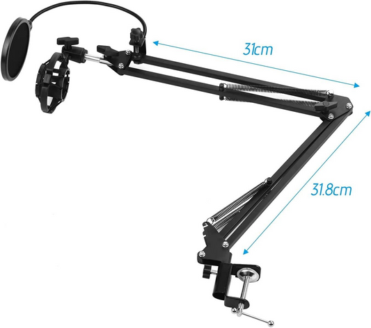 Microphone Stand,Adjustable Foldable Microphone Stand, Heavy Duty Metal Mic Arm Bracket with Shock Proof Holder Windshield Pop Filter For Studio Recor Microphone Stand Gamers Point 9.690