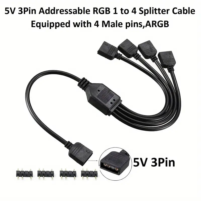 5V 3Pin Addressable RGB 1 To 4 Splitter Cable, Y-Shaped Fan And Pc Led Strip Extension Cable, LED Strip And ARGB Fan Connector, Equipped With 4 Male Pins, ARGB Wiring & Connecting Gamers Point 5.000