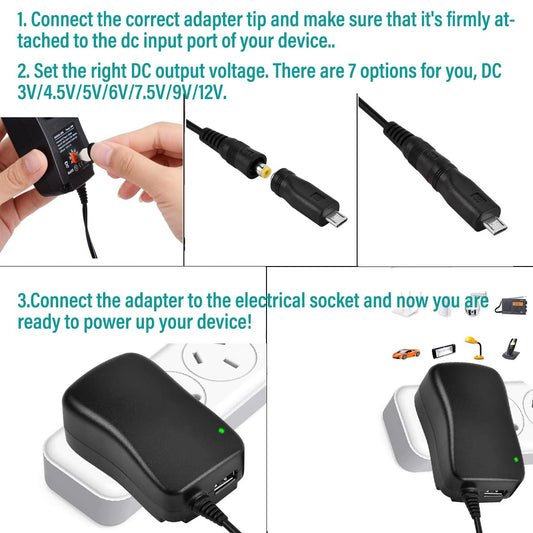 Variable Power Supply,Universal Multi Voltage Power adapter 30W 2000mA Universal AC/DC Adapter Switching Power Supply with 8 Selectable Adapter Tips & Micro USB Plug, for 3V to 12V ADAPTER Gamers Point 12.990