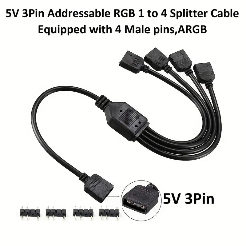 5V 3Pin Addressable RGB 1 To 4 Splitter Cable, Y-Shaped Fan And Pc Led Strip Extension Cable, LED Strip And ARGB Fan Connector, Equipped With 4 Male Pins, ARGB Wiring & Connecting Gamers Point 5.000