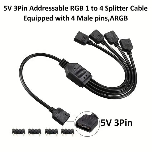 5V 3Pin Addressable RGB 1 To 4 Splitter Cable, Y-Shaped Fan And Pc Led Strip Extension Cable, LED Strip And ARGB Fan Connector, Equipped With 4 Male Pins, ARGB Wiring & Connecting Gamers Point 5.000