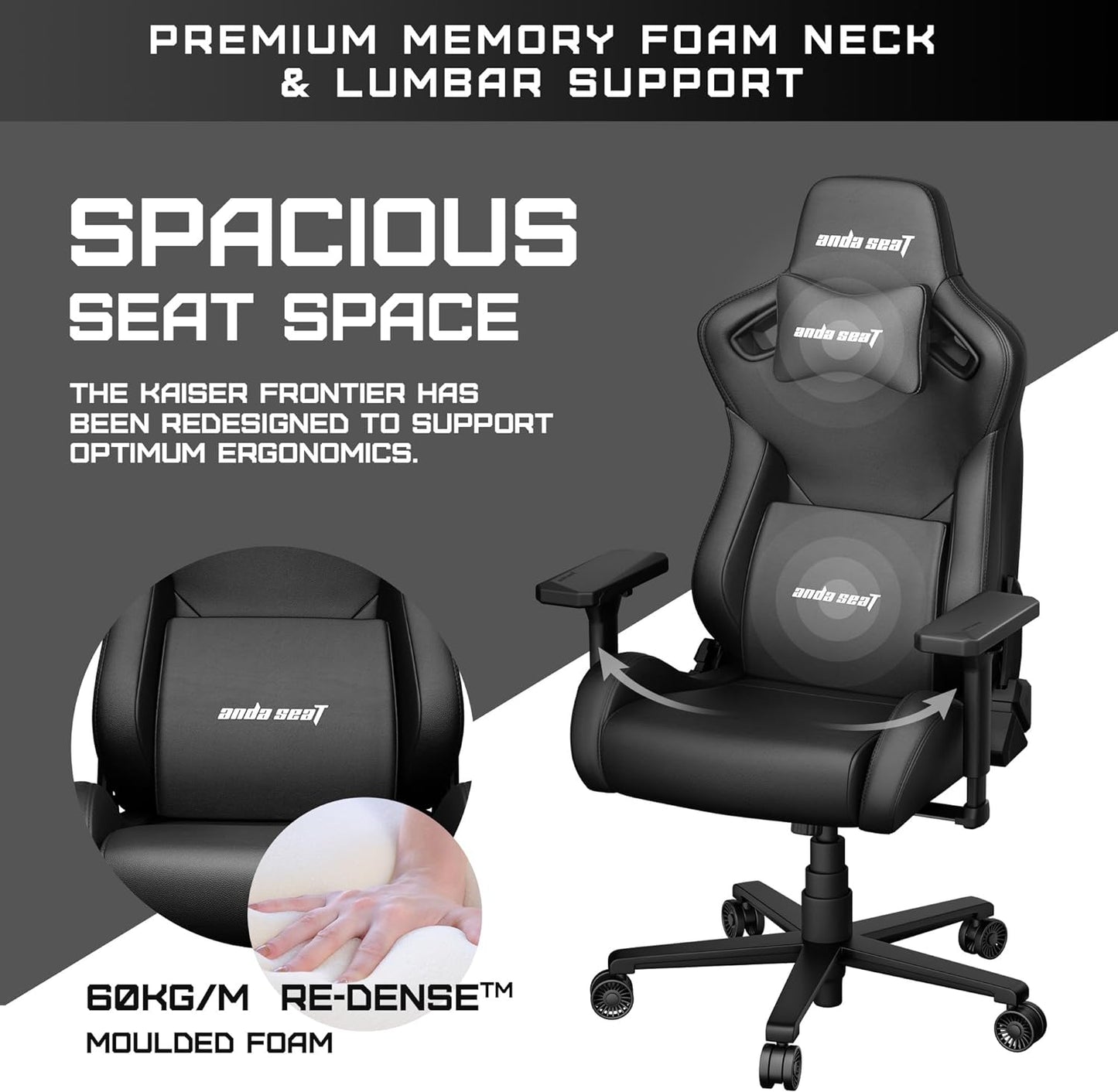 Anda Seat Kaiser Frontier Black Leather Gaming Chair - XL Premium Ergonomic Gamer Chair for Adults, Plus Size Video Game Chairs, Memory Foam Neck Pillow & Lumbar Back Support - Office Computer Chair