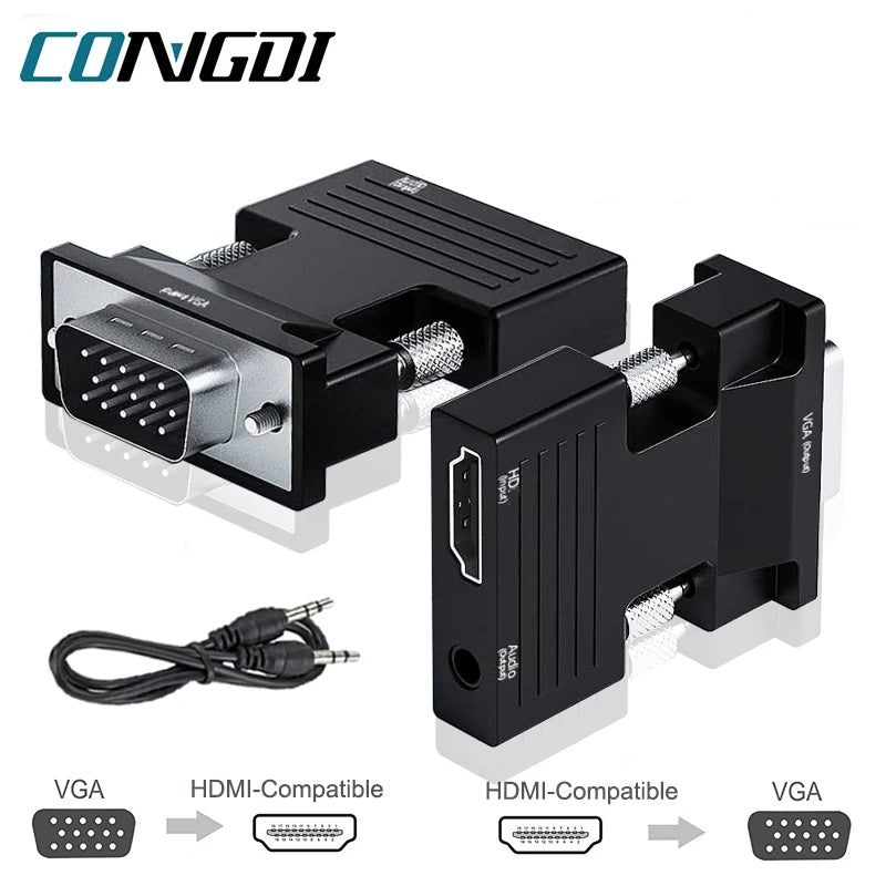 HDMI-compatible to VGA Adapter with 3.5mm Audio Cable For PC Laptop TV Box Projector HD 1080P VGA to HDMI-compatible Converter - bahrain congdi connector Gamers Point