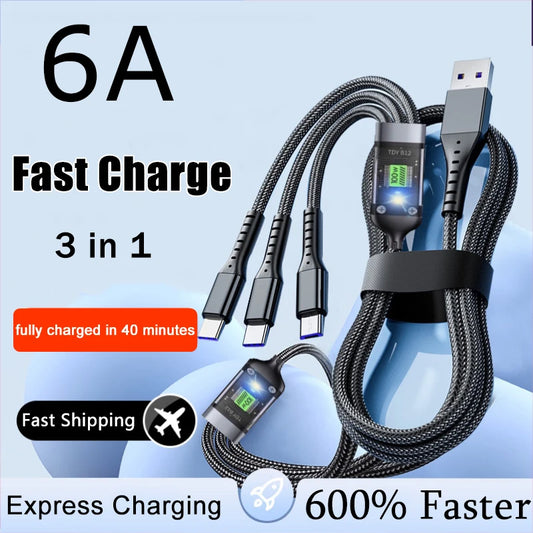 New 3 In 1 100w Transparent Fast Charging Cable Type C Usb Micro For Iphone Samsung Huawei Xiaomi Pilot Lamp Charger Usb C 6A - BAHRAIN CABLE Gamers Point 5.450