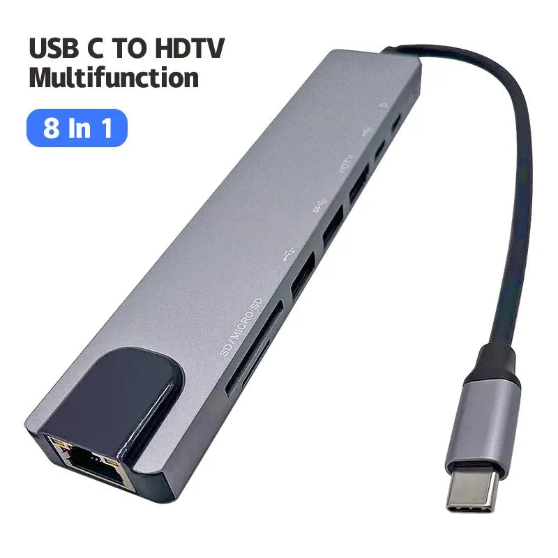 Type C 8 In1 USB C Hub 8in1 Type C HDMI 4K Adapter RJ45 Lan Ethernet TF SD Reader USB-C 3.0 TypeC Docking Station Laptop Macbook - BAHRAIN CONNECTOR Gamers Point 9.000