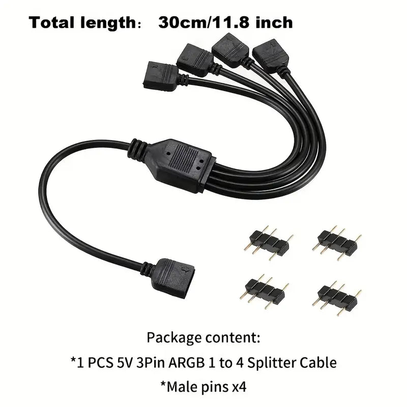 5V 3Pin Addressable RGB 1 To 4 Splitter Cable, Y-Shaped Fan And Pc Led Strip Extension Cable, LED Strip And ARGB Fan Connector, Equipped With 4 Male Pins, ARGB Wiring & Connecting Gamers Point 5.000