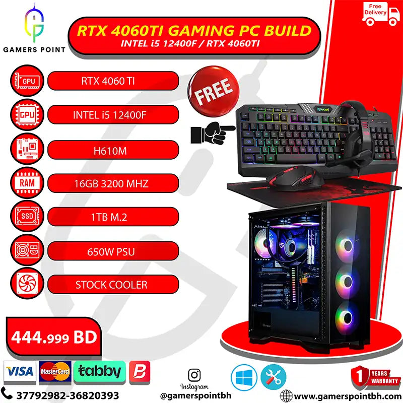 RTX 4060Ti and Intel i5-12400F Gaming Delight  PC BUILD| Now In Bahrain RTX 4000 SERIES Gamers Point 445.000 