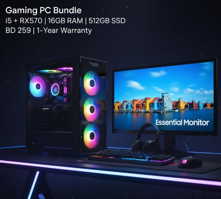 Ready Gaming PC — i5-9400 + RX 570 8GB • 16GB RAM • Dual SSD (118GB + 500GB) + Samsung 24" + Redragon Kit — 1-Year Warranty | Gamers Point Bahrain