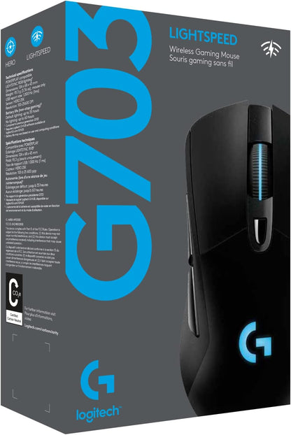 Logitech G703 Lightspeed Wireless Gaming Mouse W/Hero 25K Sensor, PowerPlay Compatible, Lightsync RGB, Lightweight 95G+10G Optional, 100-25, 600 DPI, Rubber Side Grips - Black Gaming Mice Gamers Point 45.000 