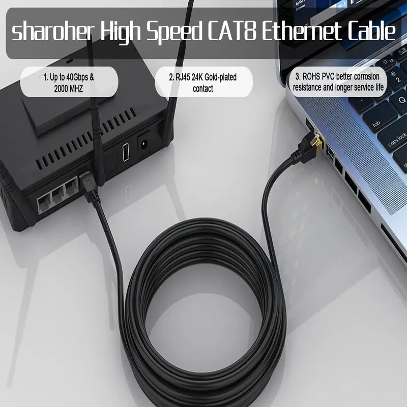 High-Speed 40Gbps Cat8 Ethernet Cable - 2000Mhz Network RJ45 Shielded Internet Cable for Computer, Router, Modem, Gaming Xbox PS5/PS4/PS3 - Sharoher Cables & Interconnects Gamers Point 15.000 