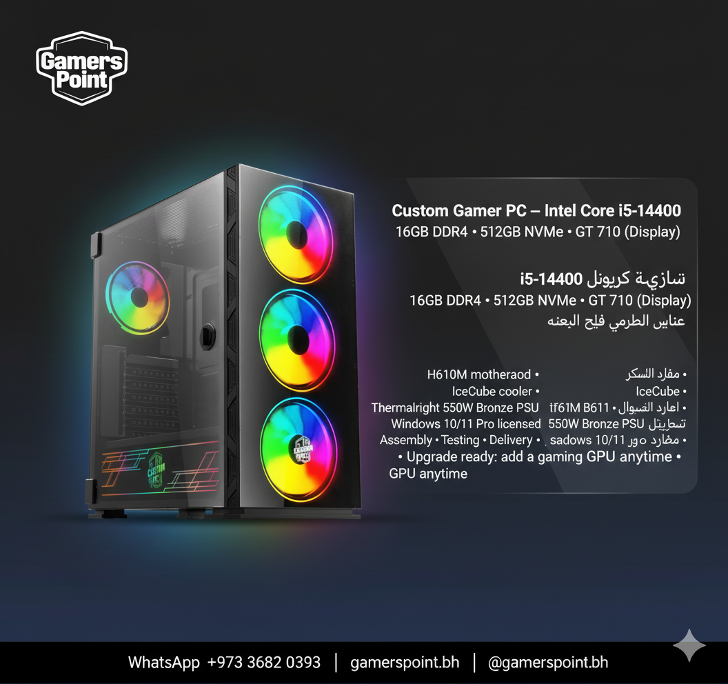 Custom Gamer PC — Intel Core i5-14400, 16GB, 512GB NVMe, GT 710 Gamers Point Desktop Computer, Mac Studio  Gamers Point