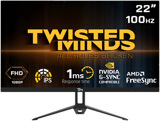 Twisted Minds 22" FHD Gaming Monitor, IPS Panel Technology, 1920 x 1080 Full HD Resolution, 100Hz Refresh Rate, 1ms, Speaker, HDMI 1.4 / VGA / Audio