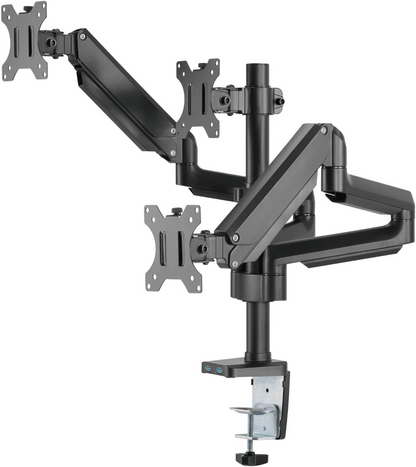 Twisted Minds Triple 17"-32" Monitor Arm Aluminum Desk Mount fits Three Monitor Full Motion Adjustable With USB 3.0- VESA/C-Clamp/Grommet/Cable Management, Black, TM-26-C018UP