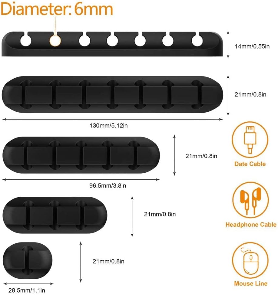 Cable Organizer Clips Cord Holder - 5 Packs Self Adhesive Cable Management for USB Cable/Power Cord/Wire, Car and Desk, Home and Office (7-5-3-1-1 Slots) Black Cord Organizer Cable Straps Gamers Point 6.000 