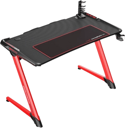 مكتب ألعاب DXRacer E-Sports – سطح طاولة من ألياف الكربون، أضواء RGB، لوحة ماوس كبيرة الحجم، تصميم Gaming Edge، خطاف سماعة رأس + خطاف كوب،