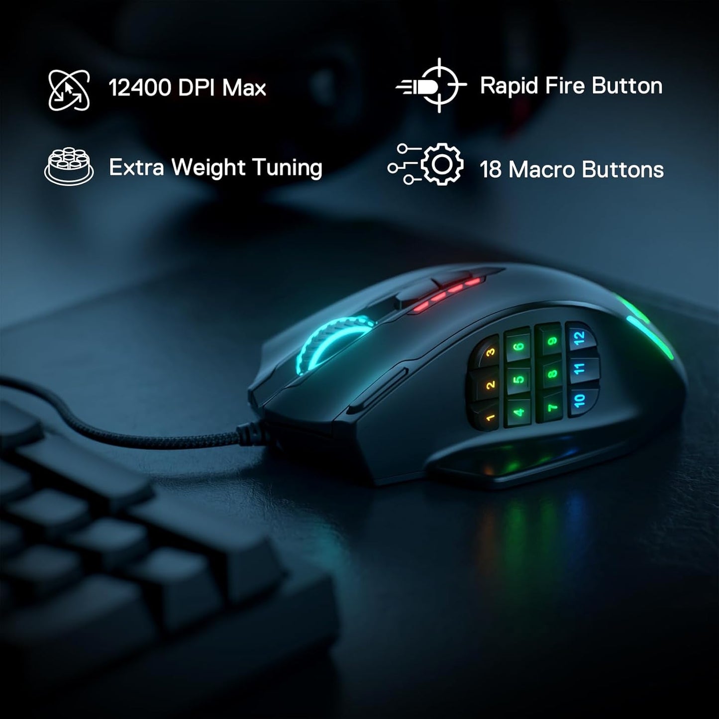 Redragon M908 Impact RGB LED MMO Gaming Mouse with 12 Side Buttons, Optical Wired Ergonomic Gamer Mouse with Max 12,400DPI, High Precision, 18 Programmable Macro Shortcuts, Comfort Grip Gaming Mice Gamers Point 15.000 