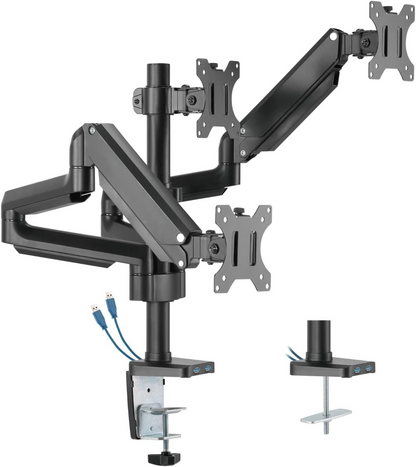 Twisted Minds Triple 17"-32" Monitor Arm Aluminum Desk Mount fits Three Monitor Full Motion Adjustable With USB 3.0- VESA/C-Clamp/Grommet/Cable Management, Black, TM-26-C018UP