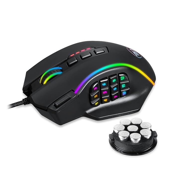 Redragon M901 Gaming Mouse RGB Backlit MMO 19 Macro Programmable Buttons with Weight Tuning Set, 12400 DPI for Windows PC Computer (Wired, Black)