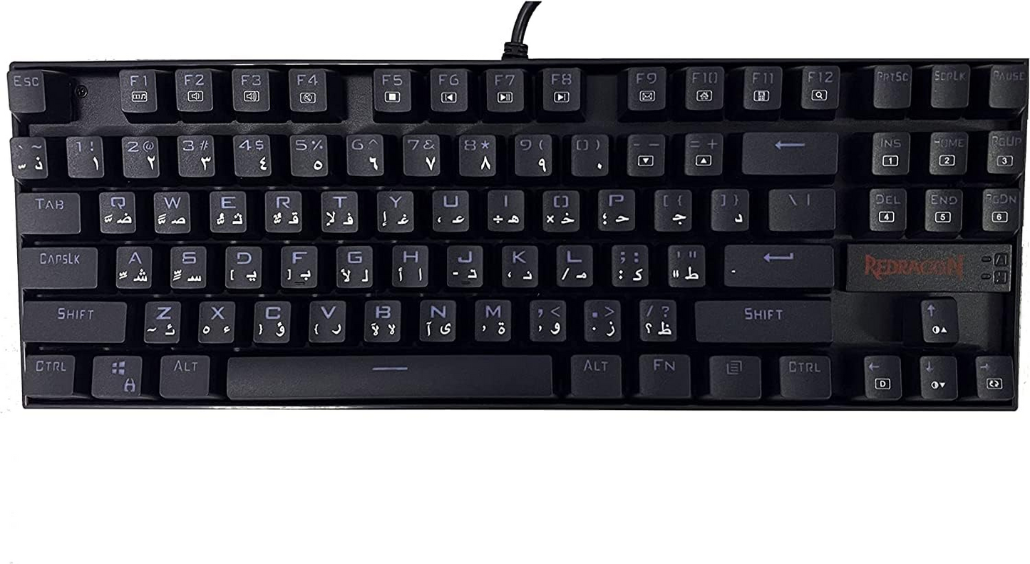 Redragon KUMARA K552-RGB Arabic & English Tenkeyless Compact Mechanical Gaming Keyboard with Tactile Blue Switches - 87 Anti Ghosting Backlit Keys, 19 Lighting Modes - Black (كيبورد قيمنق ميكانيكي)