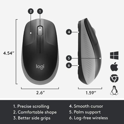 Logitech Wireless Mouse M190 - Full Size Ambidextrous Curve Design, 18-Month Battery with Power Saving Mode, Precise Cursor Control & Scrolling, Wide Scroll Wheel, Thumb Grips - Mid Grey Personal Computer Gamers Point 7.000 