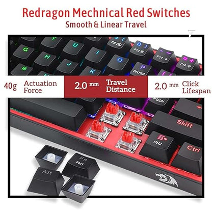 Redragon K617 Fizz 60% Wired RGB Gaming Keyboard, 61 Keys Compact Mechanical Keyboard, (Linear RED Switch), Pro Driver/Software Supported || Black