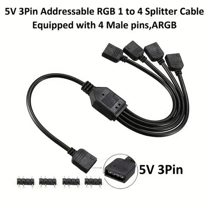 5V 3Pin Addressable RGB 1 To 4 Splitter Cable, Y-Shaped Fan And Pc Led Strip Extension Cable, LED Strip And ARGB Fan Connector, Equipped With 4 Male Pins, ARGB Wiring & Connecting Gamers Point 5.000 