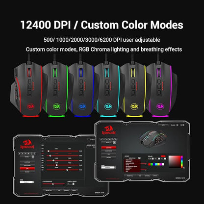 Redragon M901 Gaming Mouse RGB Backlit MMO 19 Macro Programmable Buttons with Weight Tuning Set, 12400 DPI for Windows PC Computer (Wired, Black)