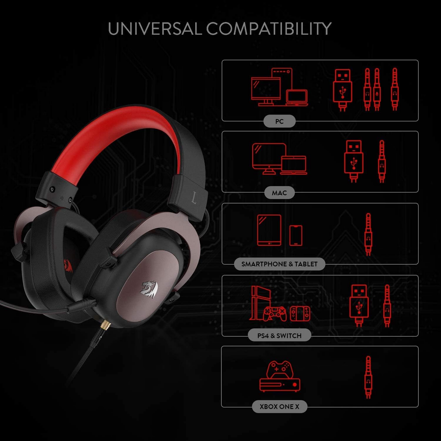 Redragon H510 Zeus Wired Gaming Headset - 7.1 Surround Sound - Memory Foam Ear Pads - 53MM Drivers - Detachable Microphone, Works for Multi-Platforms PC-ps4-pS5