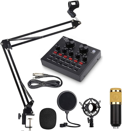 V8 Condenser Microphone Bundle with BM-800 Live Sound Card, Mini Sound Mixer Board with Multiple Sound Effects, Adjustable Mic Suspension Scissor Arm, Metal Shock Mount and Double-Layer Pop Filter