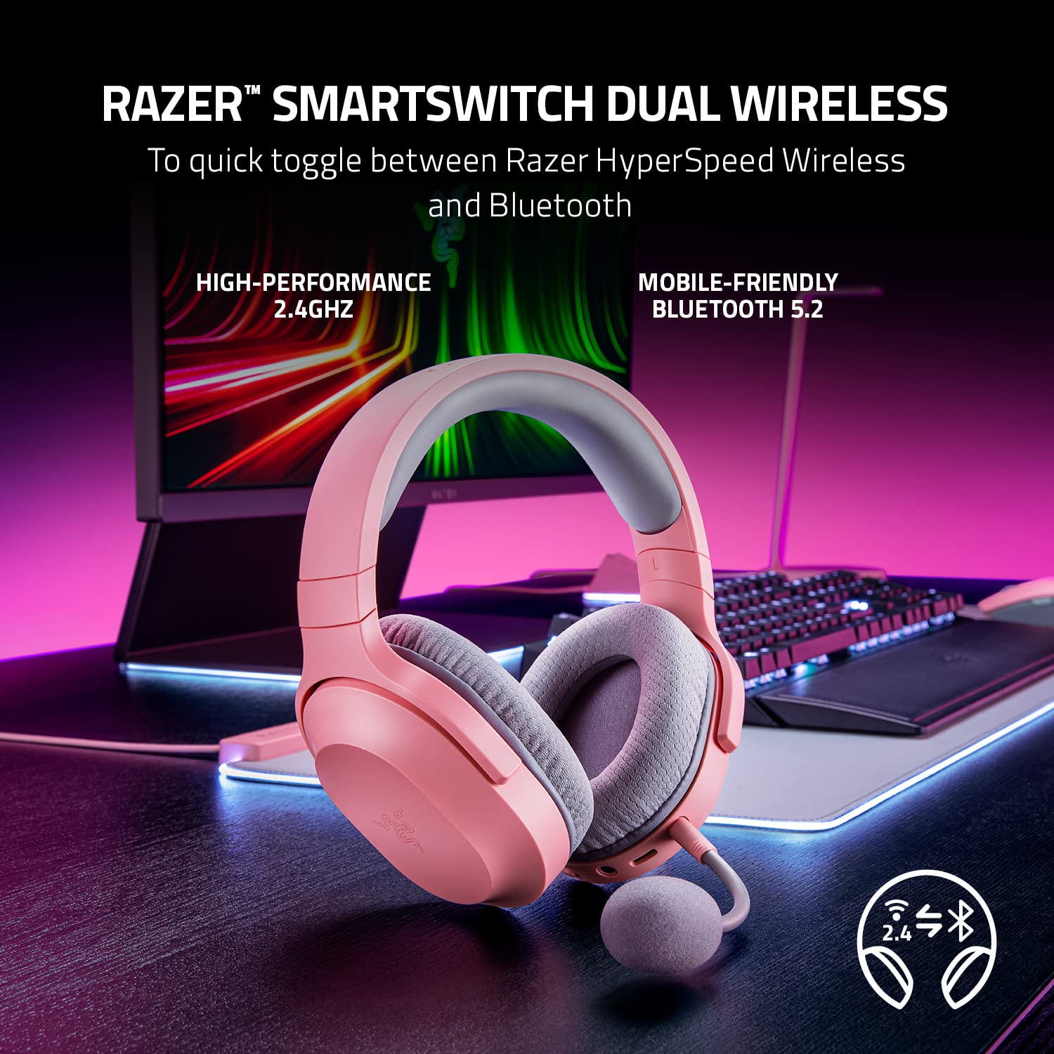 Razer Barracuda X Wireless Gaming & Mobile Headset (PC, Playstation, Switch, Android, iOS): 2.4GHz Wireless + Bluetooth - Lightweight - 40mm Drivers - Detachable Mic - 50 Hr Battery - Quartz Pink MP HEADSET Gamers Point 51.000 