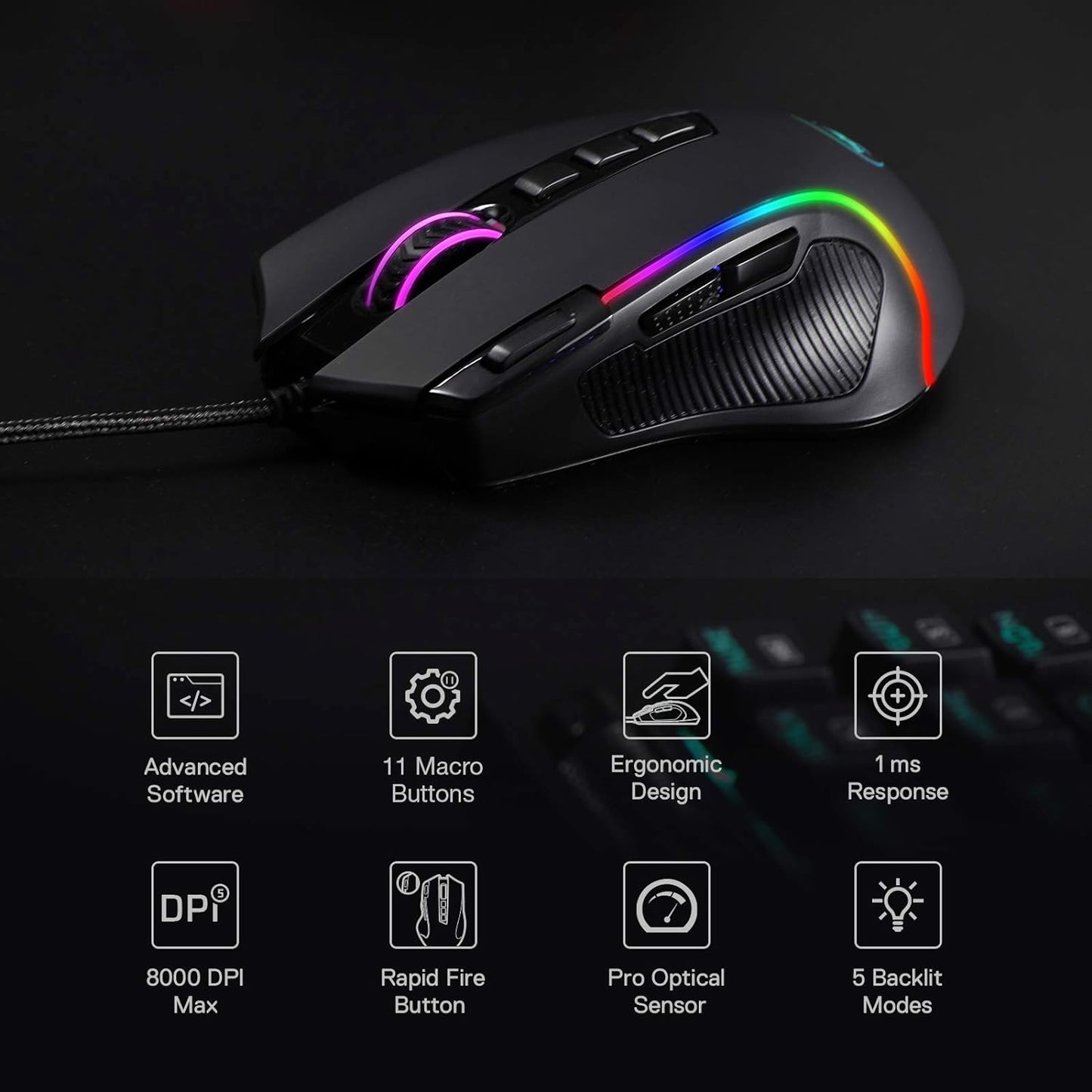 Redragon M612 Predator RGB Gaming Mouse, 8000 DPI Wired Optical Gamer Mouse with 11 Programmable Buttons & 5 Backlit Modes, Software Supports DIY Keybinds Rapid Fire Button Gaming Mice Gamers Point 19.990 