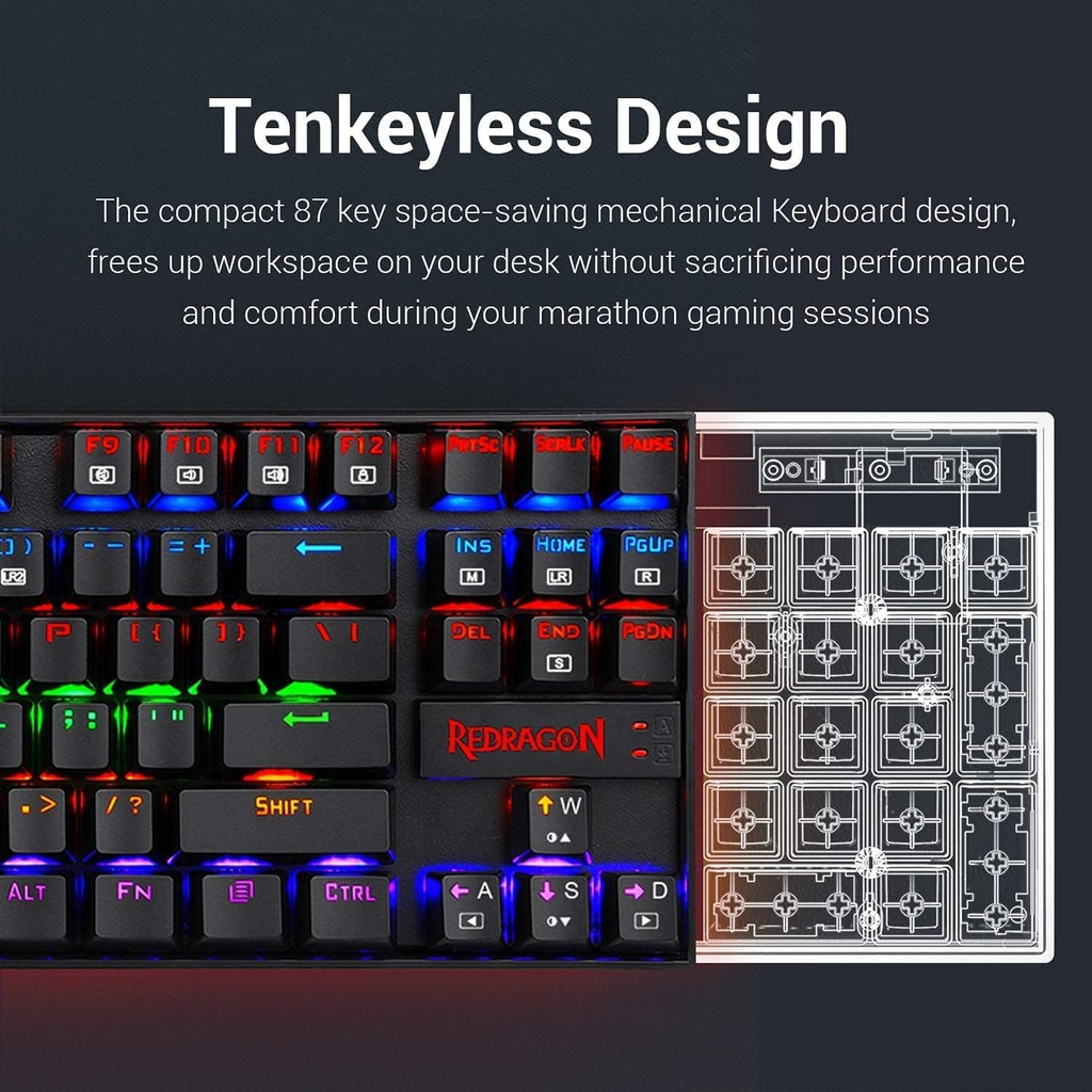 Redragon K552 Kumara 87-Keys Mechanical Gaming Keyboard, Red Key Switches, Anti-Ghosting Keys, Free N-Key Rollover, ABS Material, Wired Connectivity, English Keyboard Layout, Black | K552RGB-1-RED Redragon Keyboards  Gamers Point