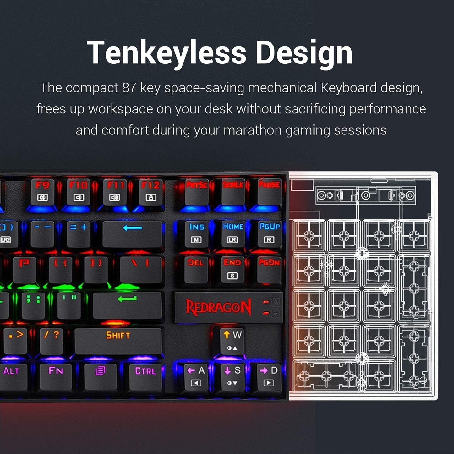 Redragon KUMARA K552-RGB Arabic & English Tenkeyless Compact Mechanical Gaming Keyboard with Tactile Blue Switches - 87 Anti Ghosting Backlit Keys, 19 Lighting Modes - Black (كيبورد قيمنق ميكانيكي)