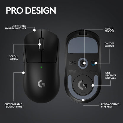 Logitech G PRO X SUPERLIGHT 2 LIGHTSPEED Wireless Gaming Mouse, 4K Polling, Lightweight, LIGHTFORCE Hybrid Switches, HERO 2 Sensor, 32,000 DPI, 5 Programmable Buttons, USB-C Charging, PC & Mac - Black