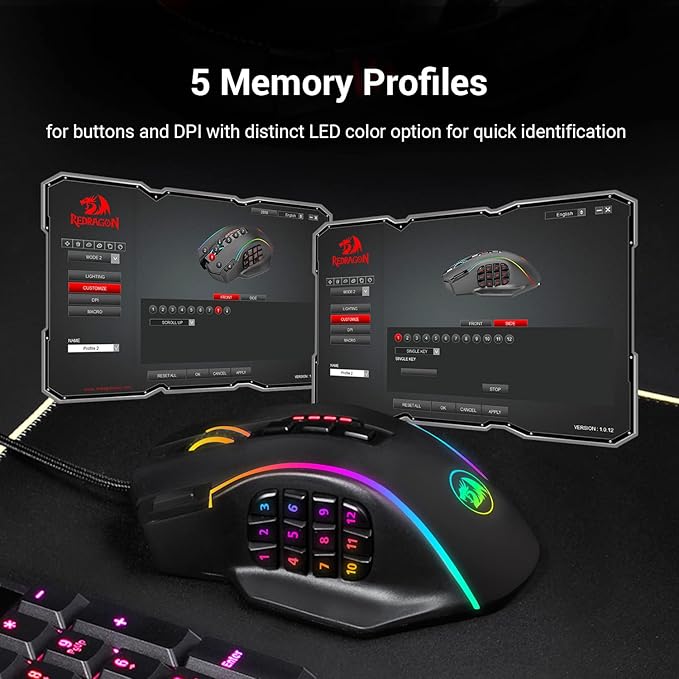 Redragon M901 Gaming Mouse RGB Backlit MMO 19 Macro Programmable Buttons with Weight Tuning Set, 12400 DPI for Windows PC Computer (Wired, Black)