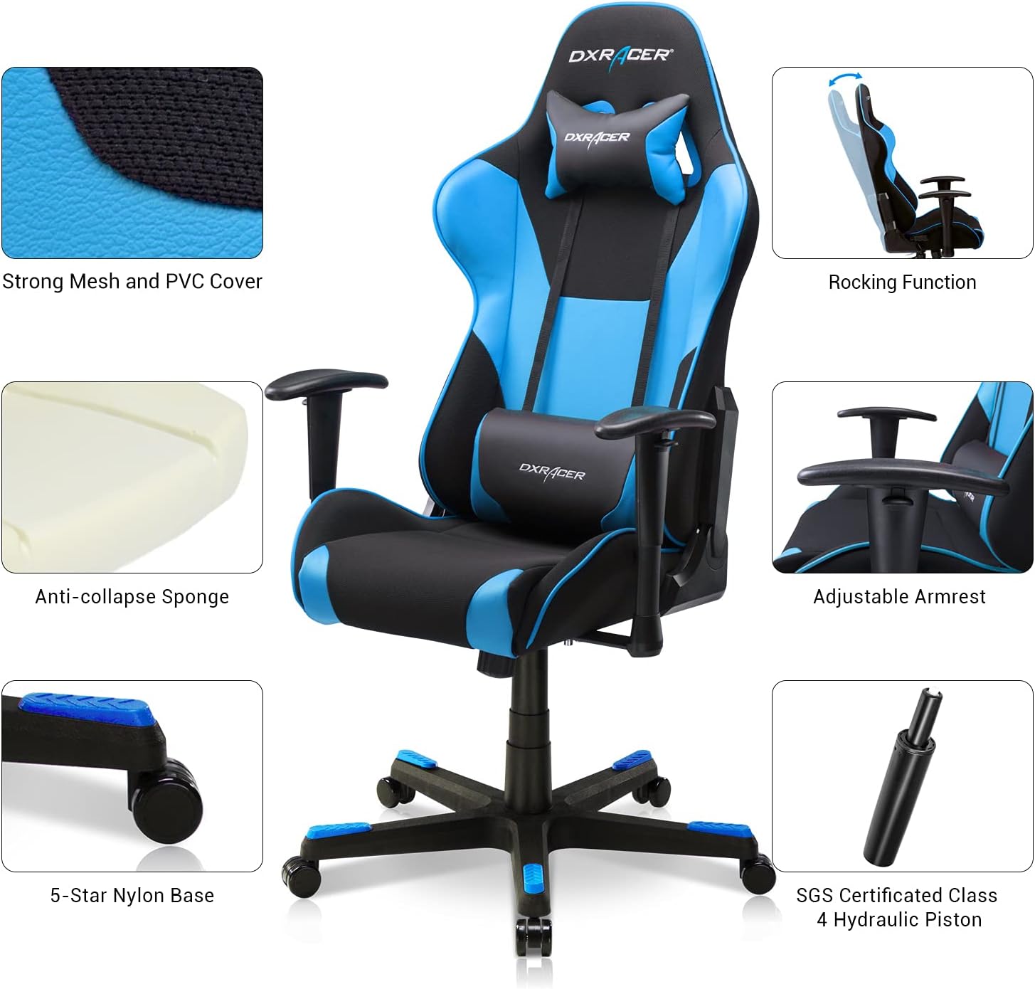 DXRacer Formula Series PC Gaming Chairs Seat Height Adjustable Recliner with Ergonomic Head Pillow and Lumbar Support Black & BlueGC-F101-NB-D3 Dxracer Chair  Gamers Point