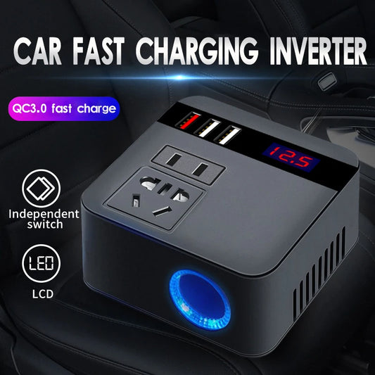 Car Inverter 150W 12V/24V To 110V/220V Cigarette Lighter Power Supply Inverter Adapter with QC 3.0 USB Charger Fast Charging - CONNECTOR Gamers Point 8.000 