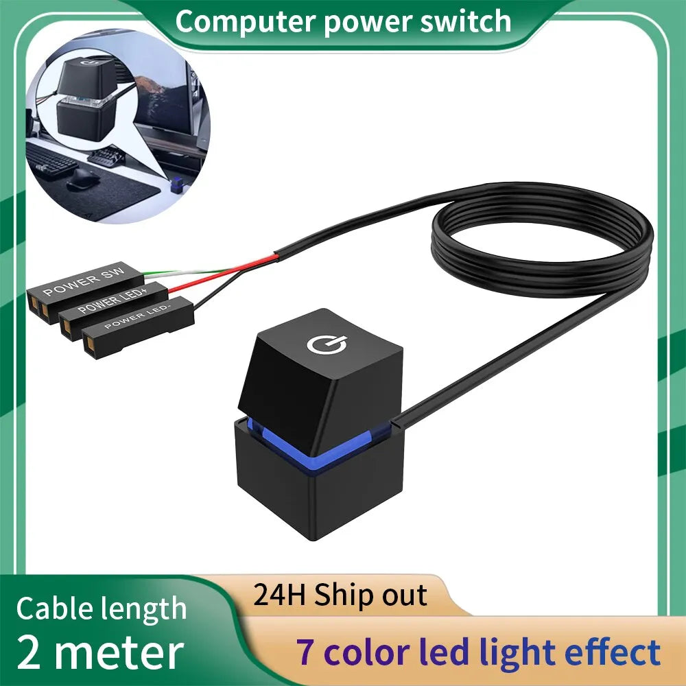 Computer Desktop Switch 2m Colorful LED Lights PC Motherboard External Start Power On/Off Button Extension Cable for Home Office - BAHRAIN