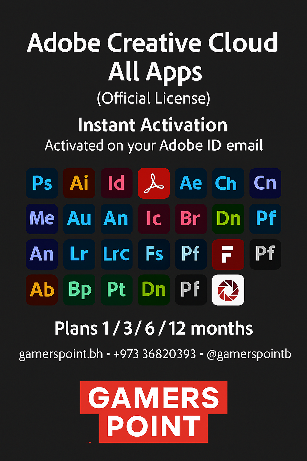 Adobe Creative Cloud — Official All Apps Subscription| Gamers Point Bahrain Adobe Digital Gaming Product 60.000 Gamers Point