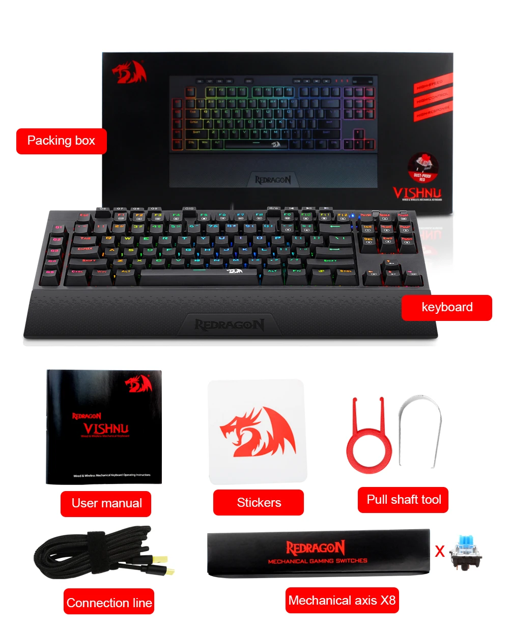 REDRAGON Vishnu K596 RGB USB Mechanical Gaming Keyboard 2.4G wireless dual mode Red Switch 87 Keys for Computer PC Laptop Gamer - bahrain