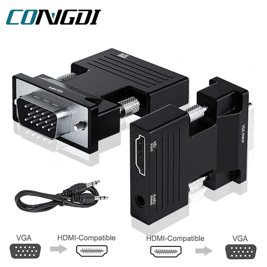 HDMI-compatible to VGA Adapter with 3.5mm Audio Cable For PC Laptop TV Box Projector HD 1080P VGA to HDMI-compatible Converter - bahrain congdi connector  Gamers Point