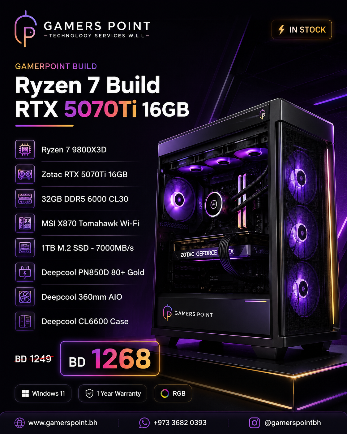 Gamers Point Ryzen 7 9800X3D Gaming PC | RTX 5070 Ti 16GB | 32GB DDR5 | 1TB SSD