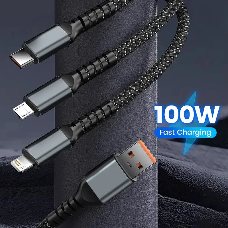 New 3 In 1 100w Transparent Fast Charging Cable Type C Usb Micro For Iphone Samsung Huawei Xiaomi Pilot Lamp Charger Usb C 6A - BAHRAIN CABLE Gamers Point 5.450 