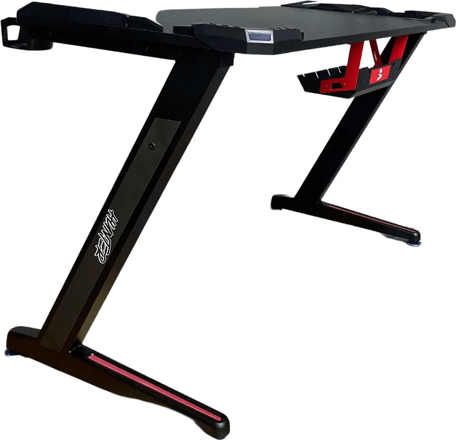 Black gaming desk with red accents on a white background

