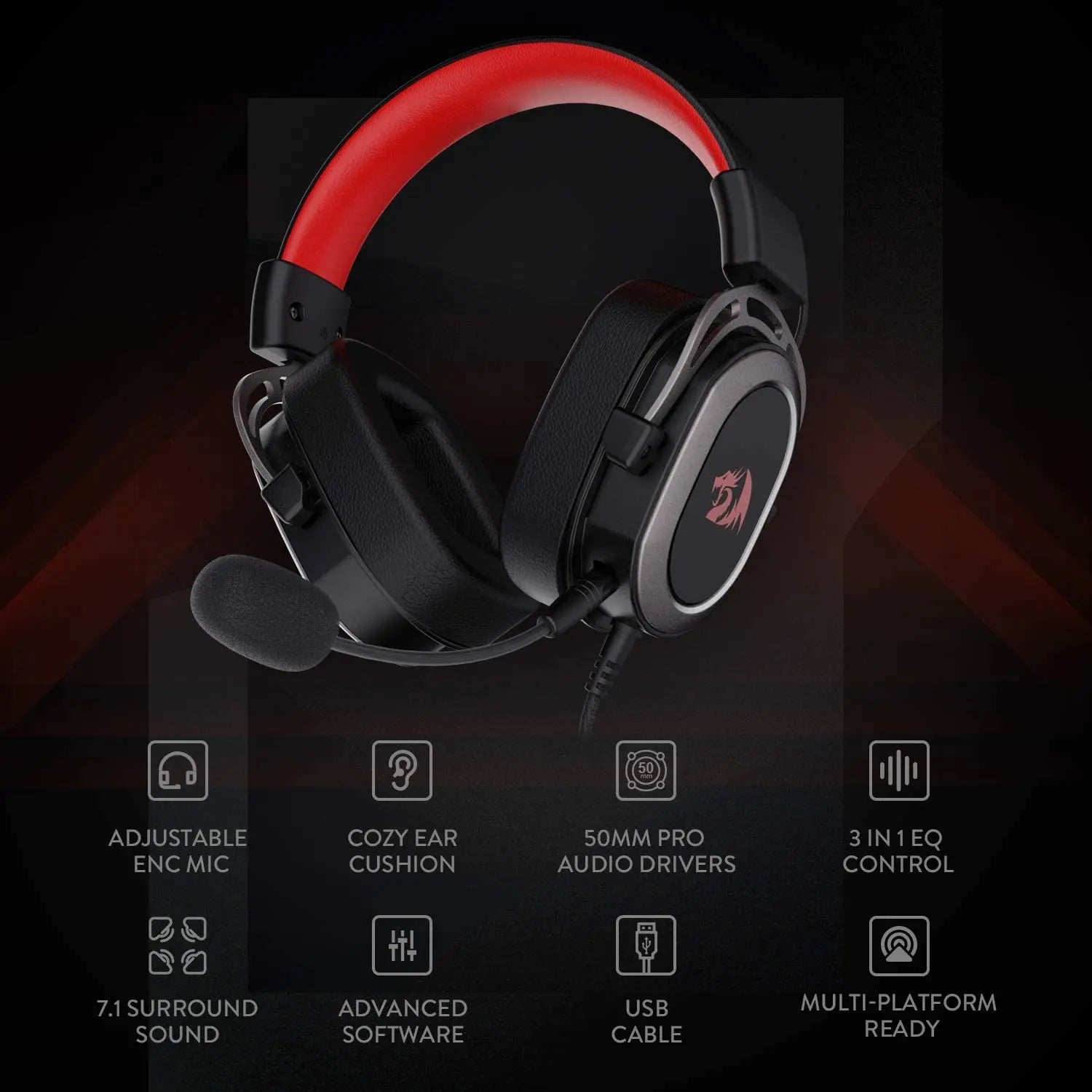 Redragon H710 Helios USB Wired Gaming Headset - 7.1 Surround Sound - Memory Foam Ear Pads - 50MM Drivers - Detachable Microphone - HeadphoneHeadset Gamers Point 31.220 