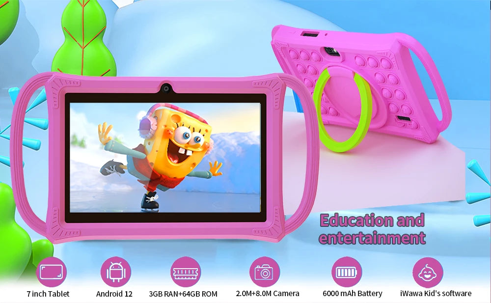 7.0 Inch Kids Tablet Android 12 Quad Core 4GB+64GB WiFi Bluetooth Educational Software Tablets Children's Gifts