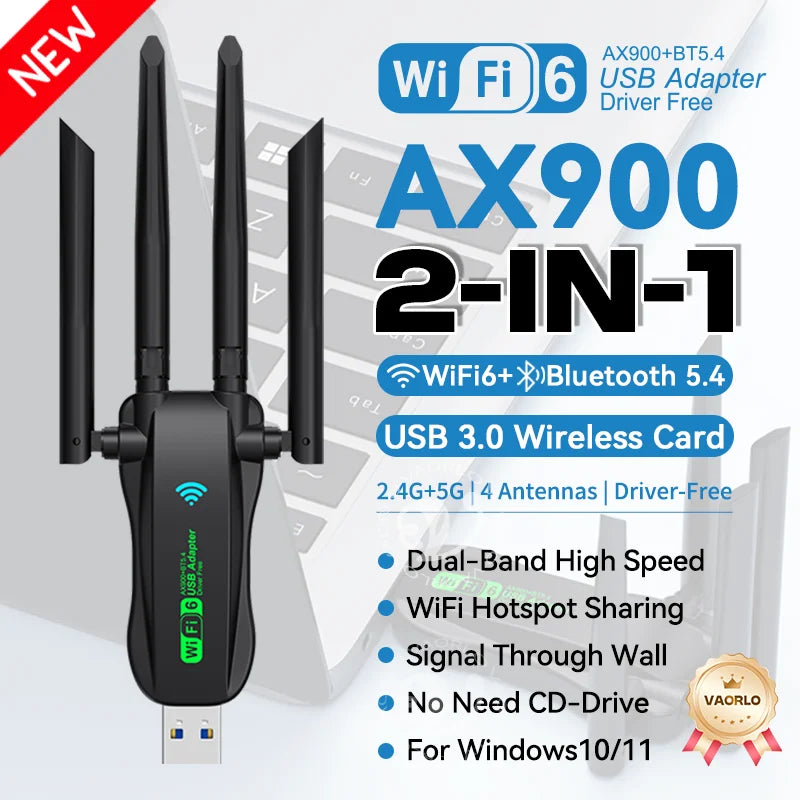 VAORLO WiFi 6 AX900 USB 3.0 Adapter + Bluetooth 5.4 | Gamers Point Bahrain