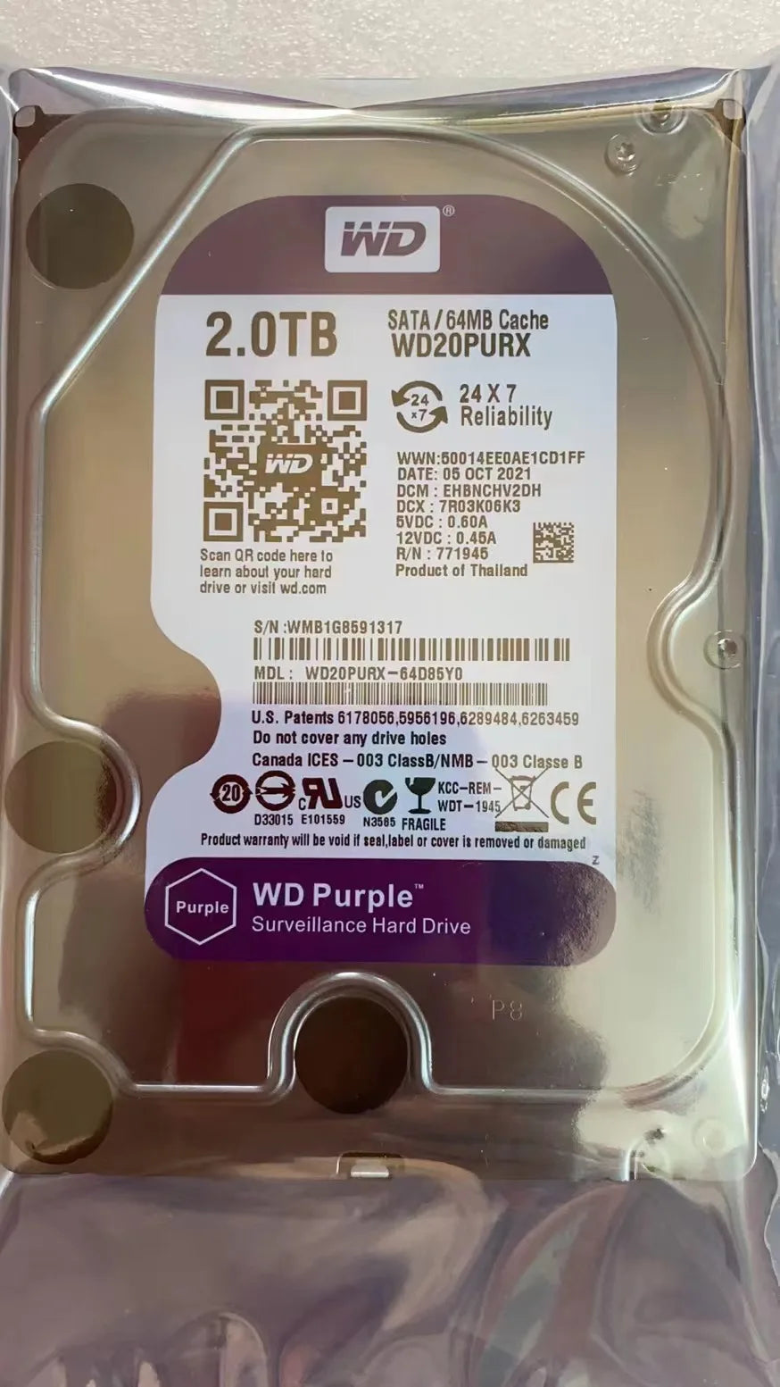 WD Purple 500GB Surveillance Internal Hard Drive Disk 3.5" 64M Cache SATA III 6Gb/s 1TB 2TB 3TB HDD HD Harddisk for CCTV DVR NVR