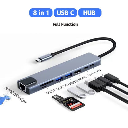 Type C 8 In1 USB C Hub 8in1 Type C HDMI 4K Adapter RJ45 Lan Ethernet TF SD Reader USB-C 3.0 TypeC Docking Station Laptop Macbook - BAHRAIN CONNECTOR Gamers Point 9.000 
