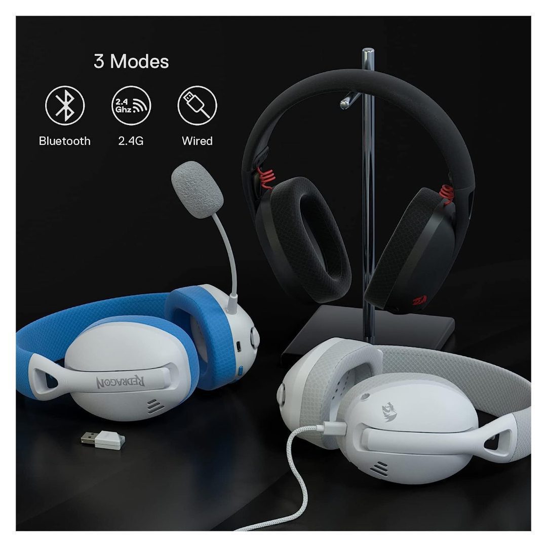 Redragon H848B IRE Pro Headphones, Tri-Mode Connection, 40mm Driver Size, 7.1 Virtual Surround, Detachable Microphone, 2.4G/BT/Wired Connectivity, White/Blue | H848B Redragon Headset  Gamers Point